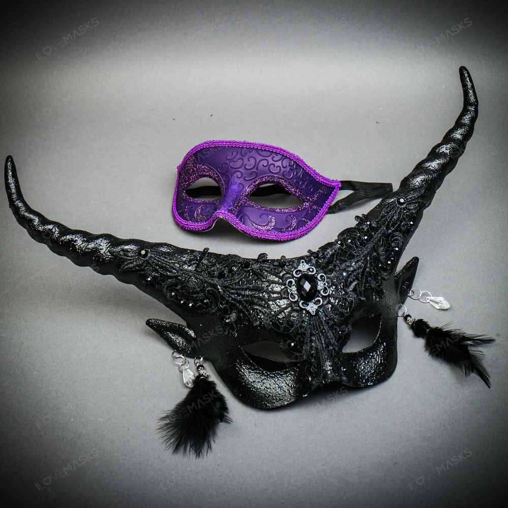 Purple Venetian Classic Eye w/ Long Horns Elegant Devil Eye Black Couple Mask